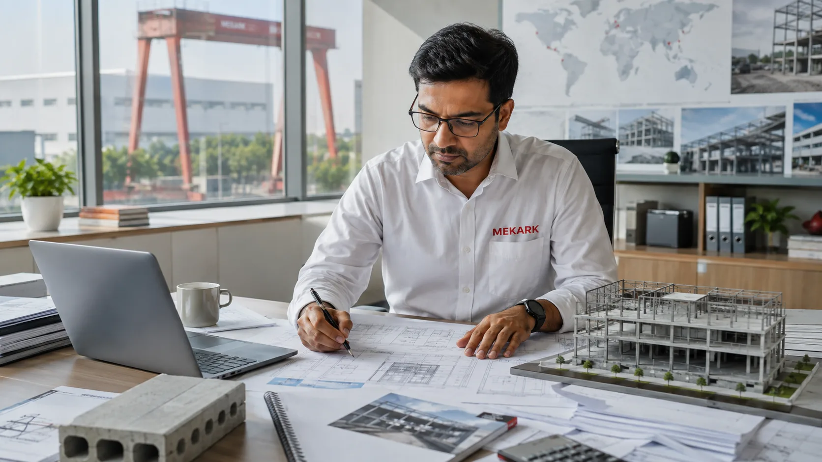 Mekark engineer reviewing blueprints beside a building model