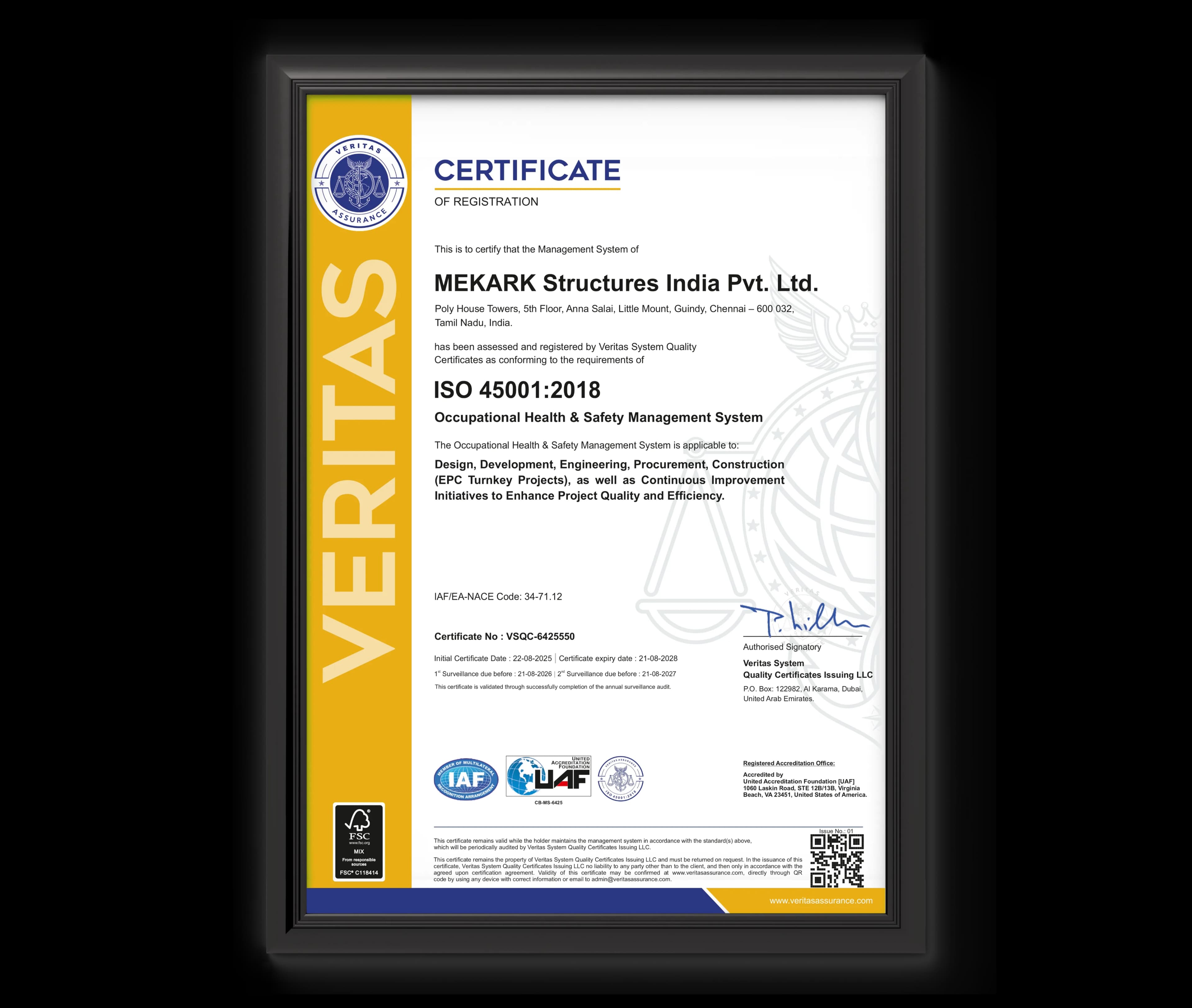 ISO 45001:2018 Certificate of Registration for MEKARK Structures India Pvt. Ltd.