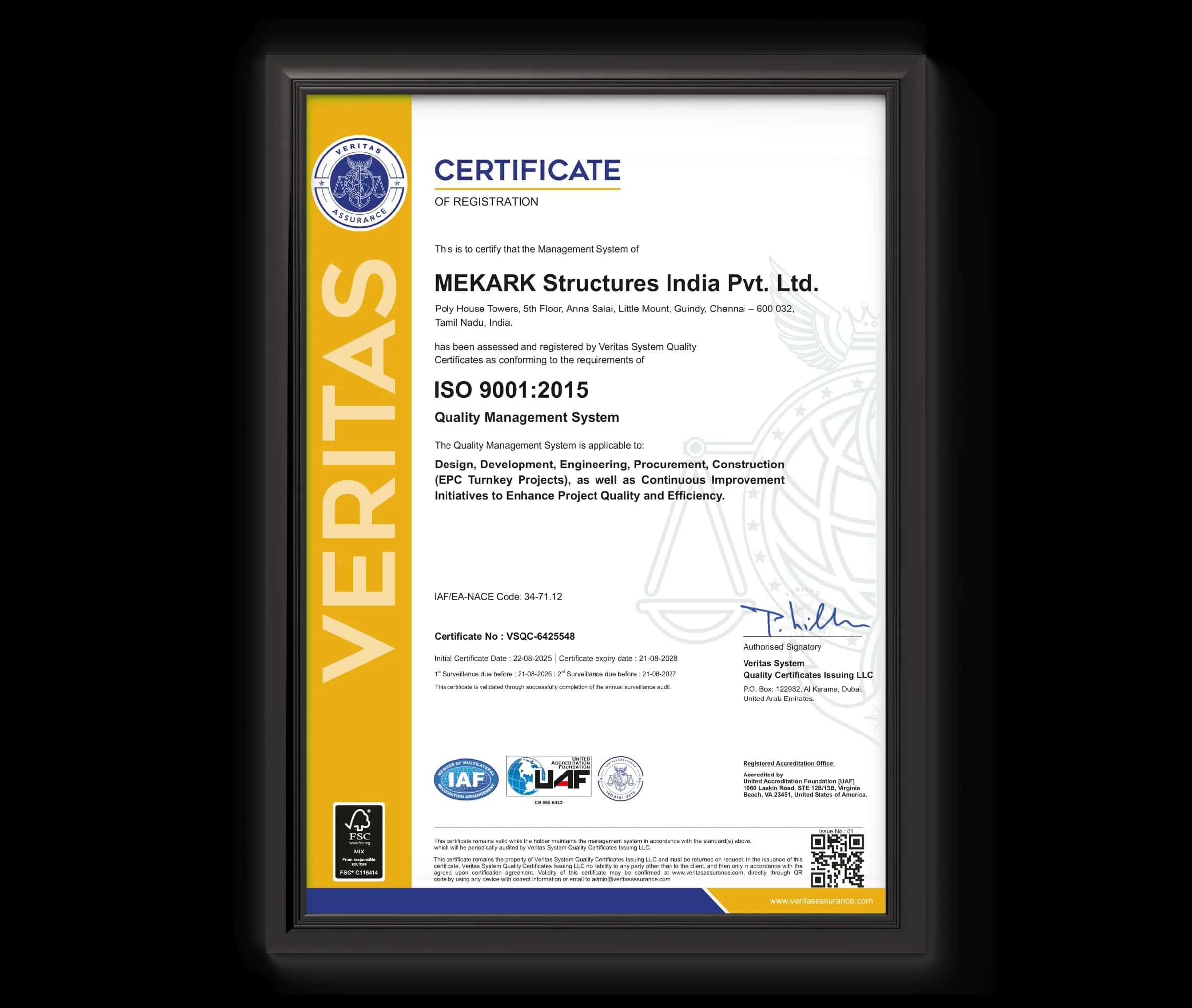 ISO 9001:2015 Certificate of Registration for MEKARK Structures India Pvt. Ltd.