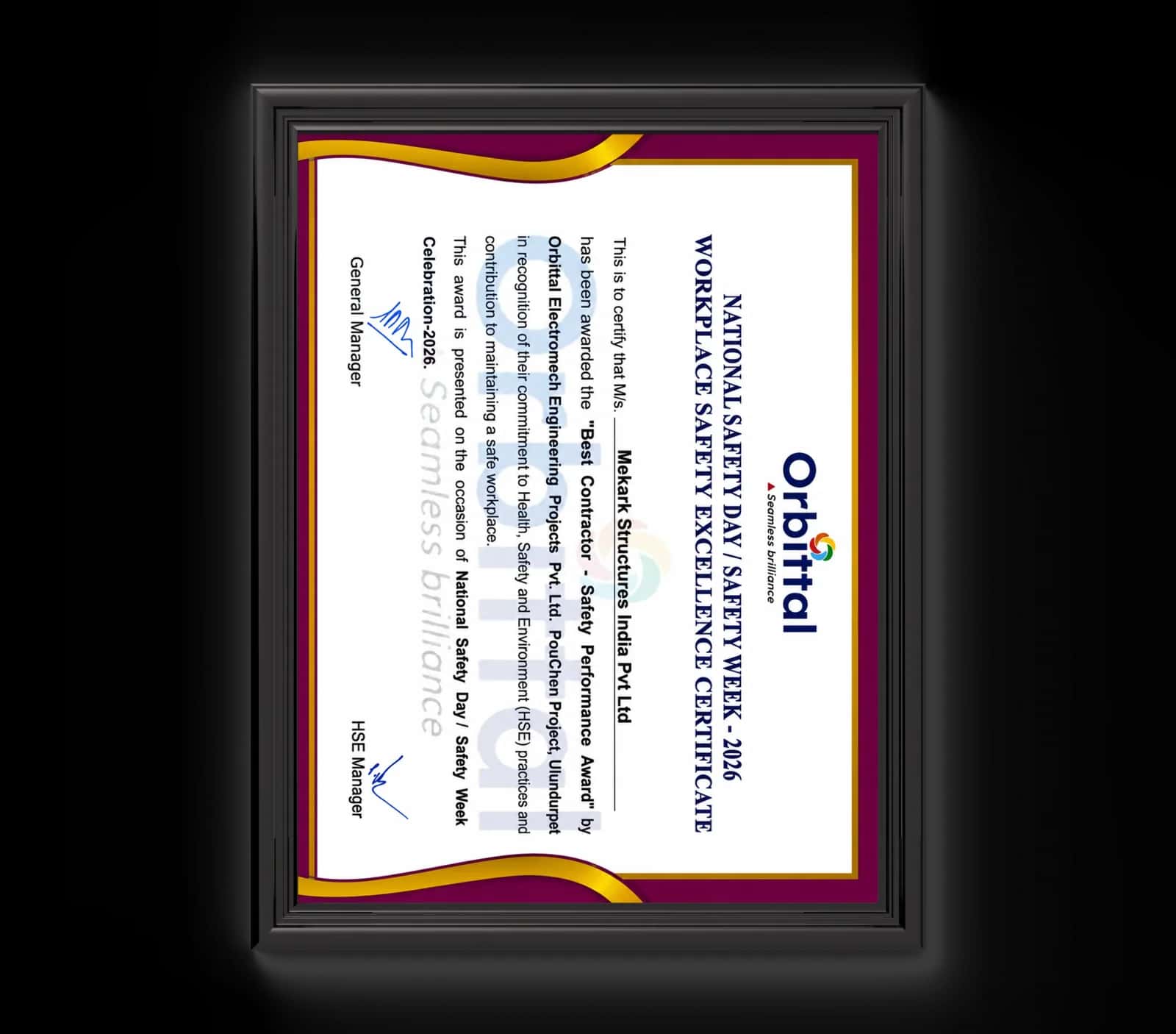 Workplace Safety Excellence Certificate awarded to Mekark Structures India Pvt Ltd by Orbittal for Best Contractor Safety Performance, National Safety Day 2026.