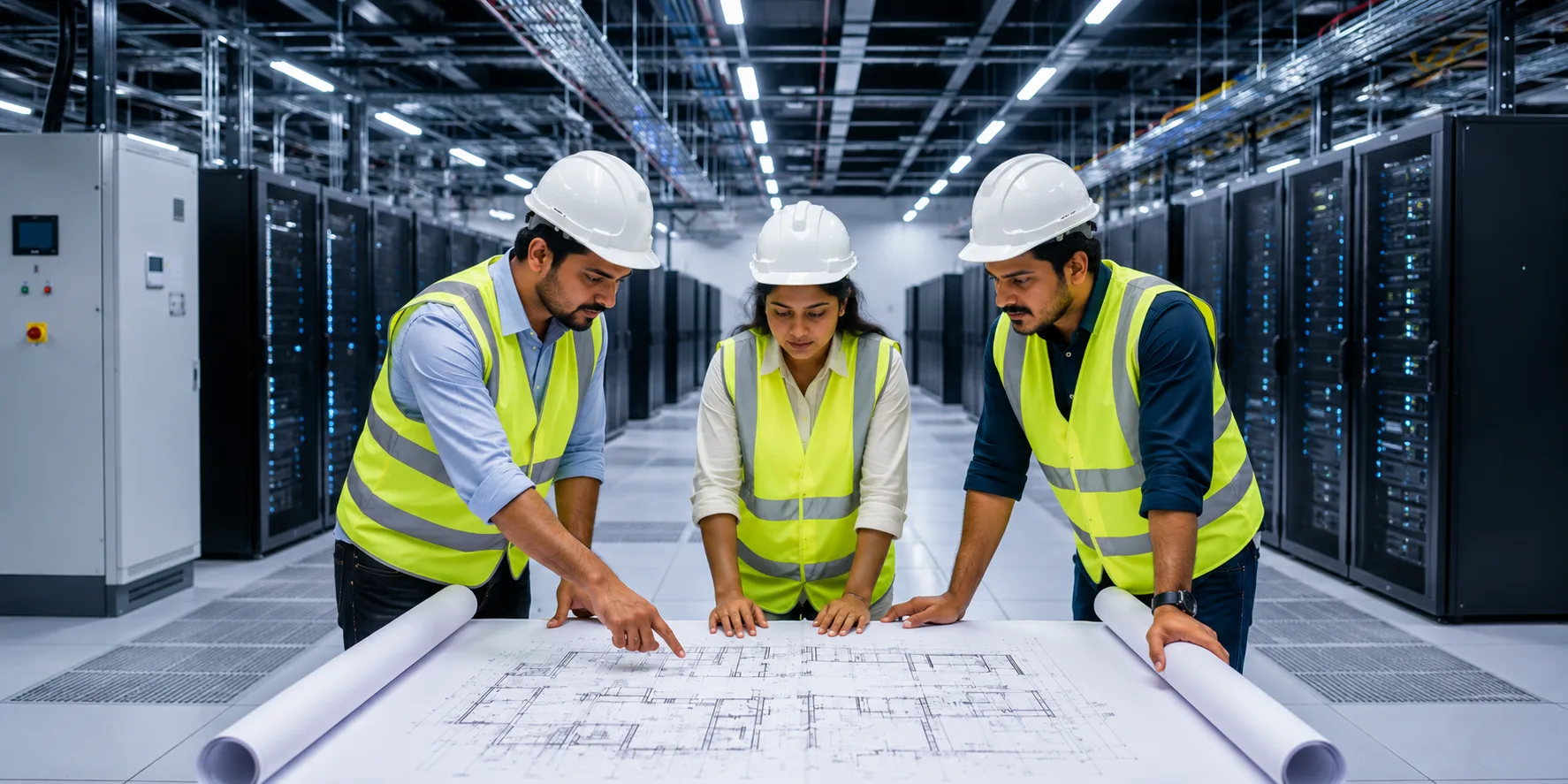 Data center engineering team reviewing plans