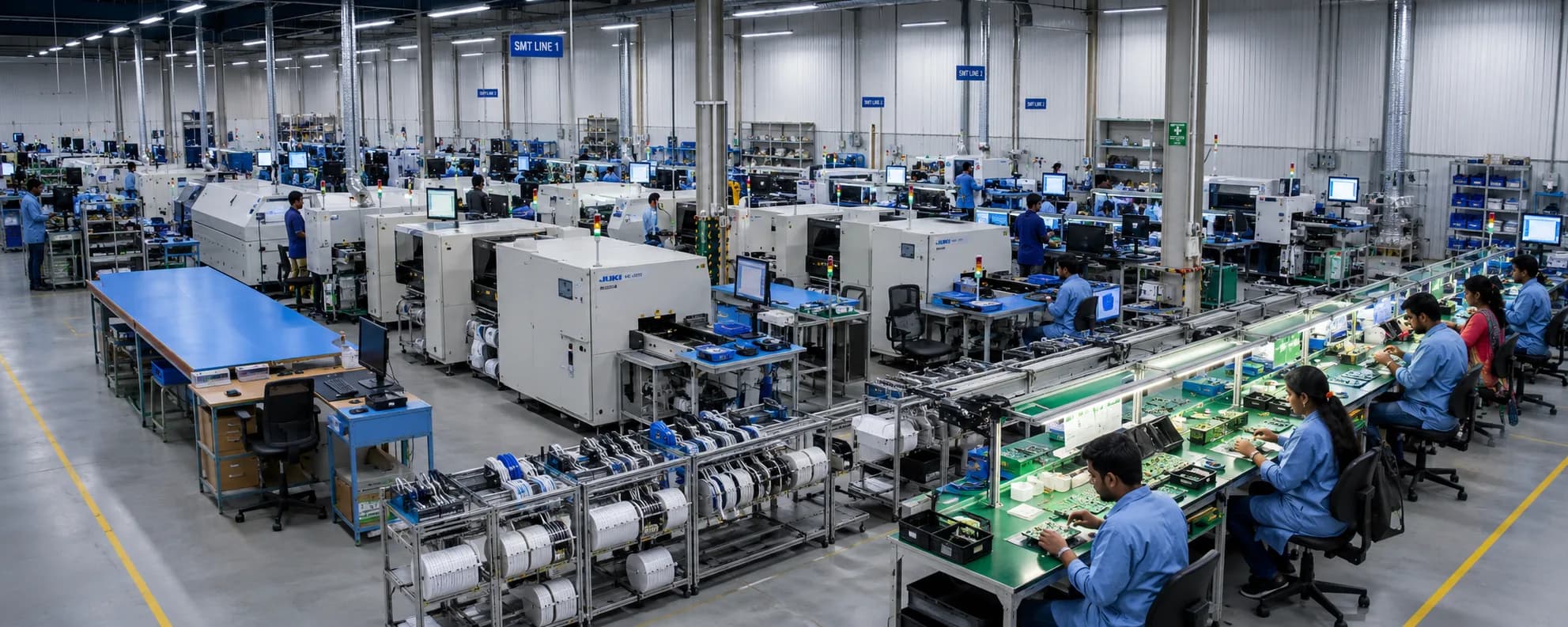 Workers at an electronics manufacturing production line