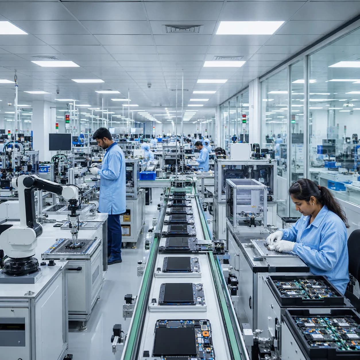 Workers at a consumer electronics production line