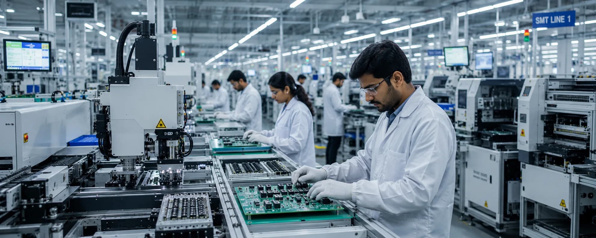 Electronics manufacturing facility with technician assembling circuit boards