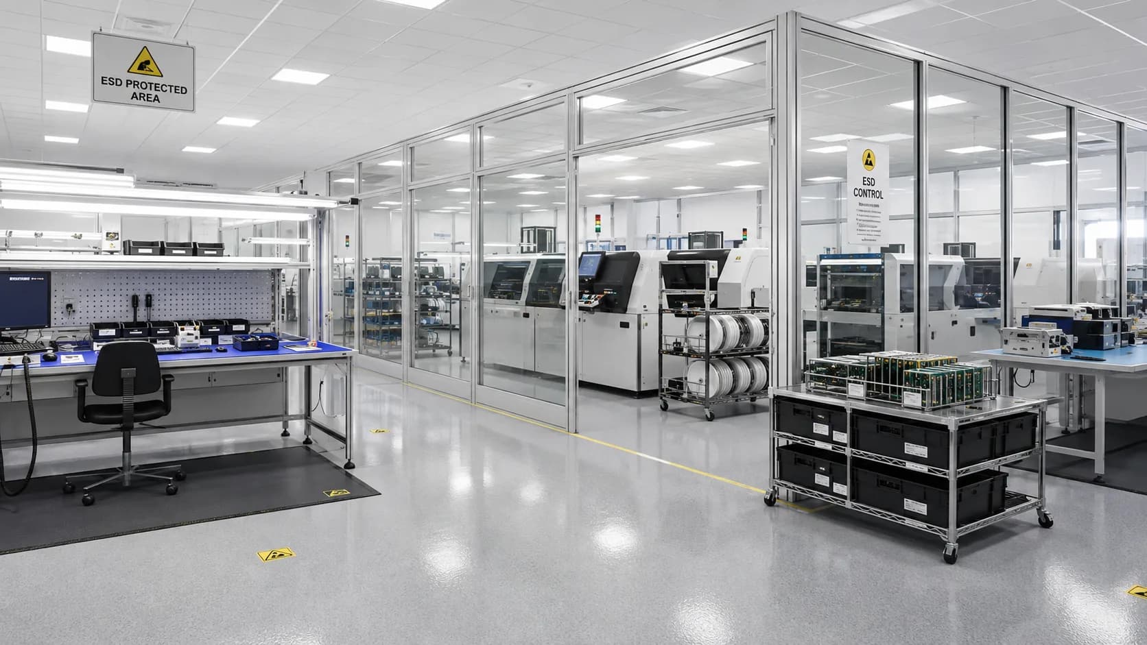 ESD-safe electronics laboratory with controlled interiors