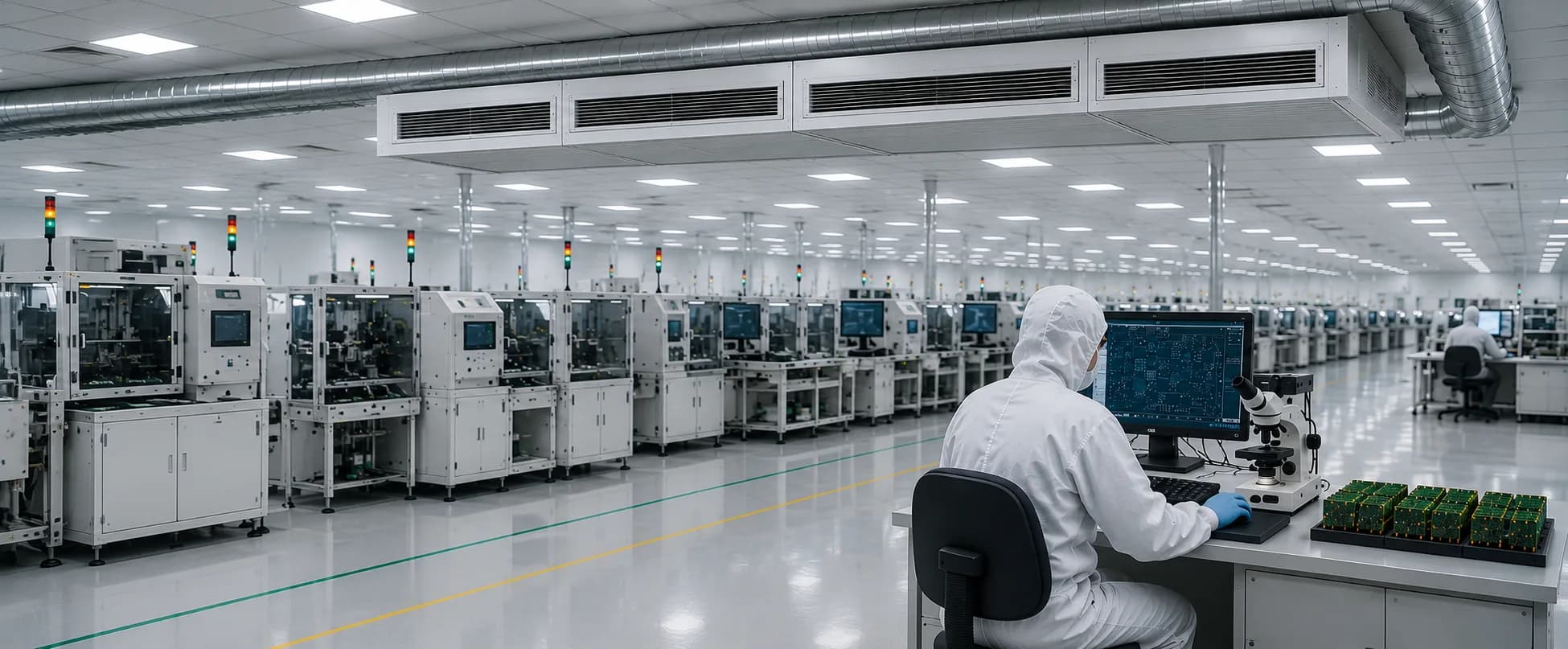 Technician working at an electronics manufacturing workstation