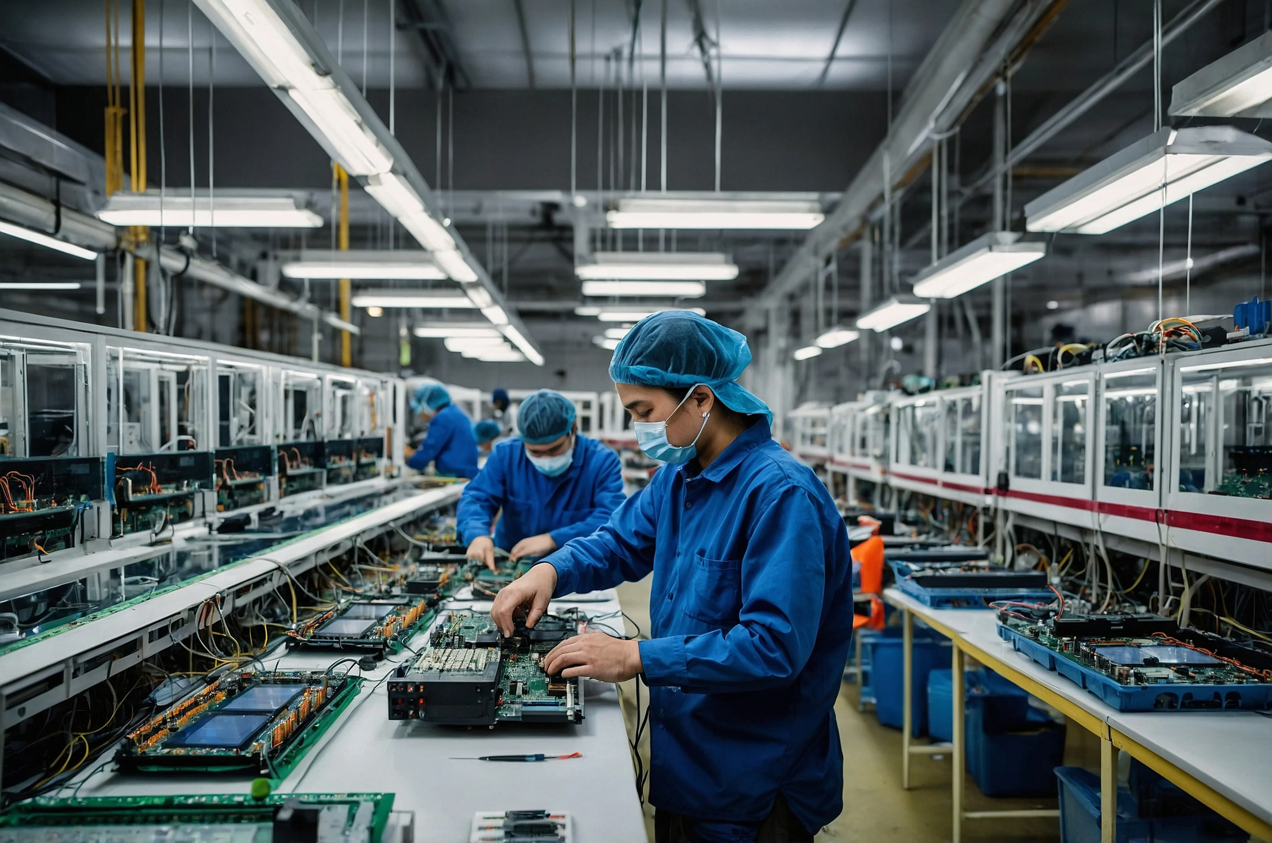 Workers assembling electronics in a manufacturing facility