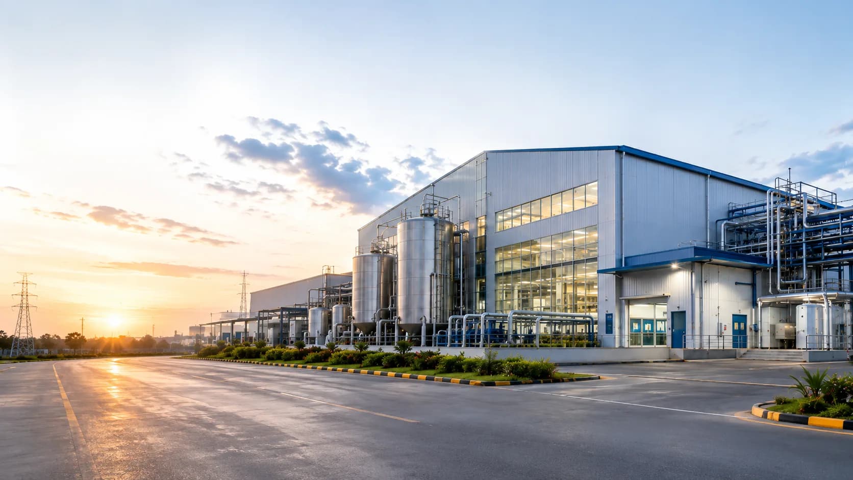 FMCG manufacturing facility at dusk