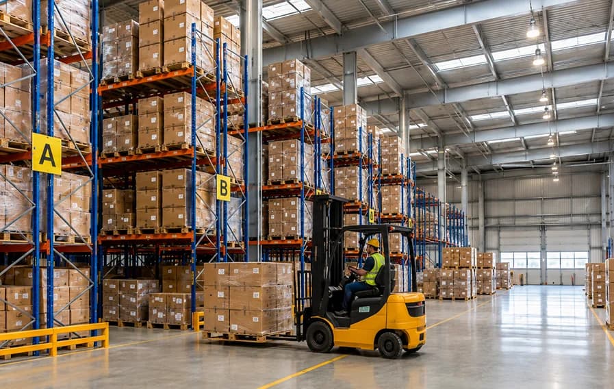 Forklift operating inside a Mekark warehouse facility