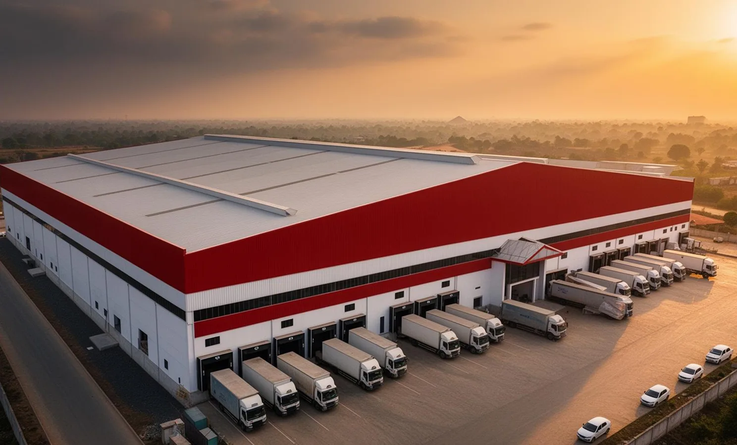 Aerial view of a modern pre-engineered warehouse facility