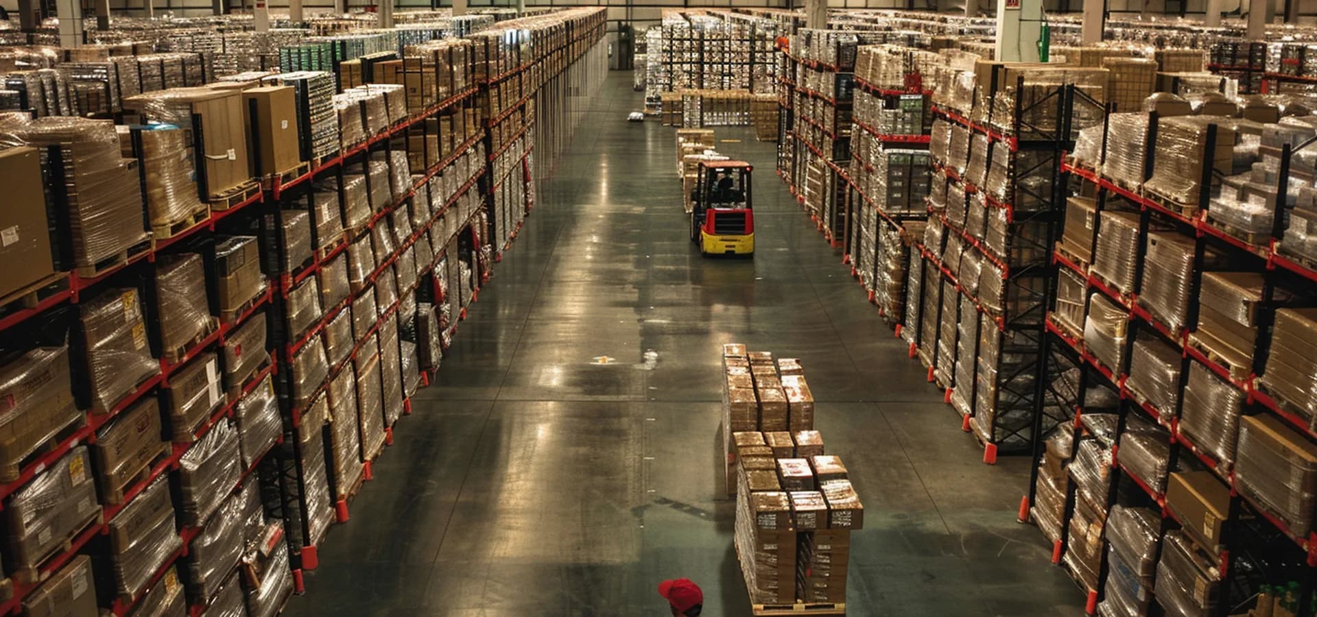 Warehouse worker in red hard hat inside a logistics facility