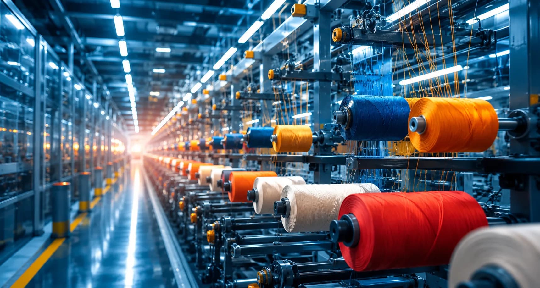 Textile mill interior with yarn spinning machinery