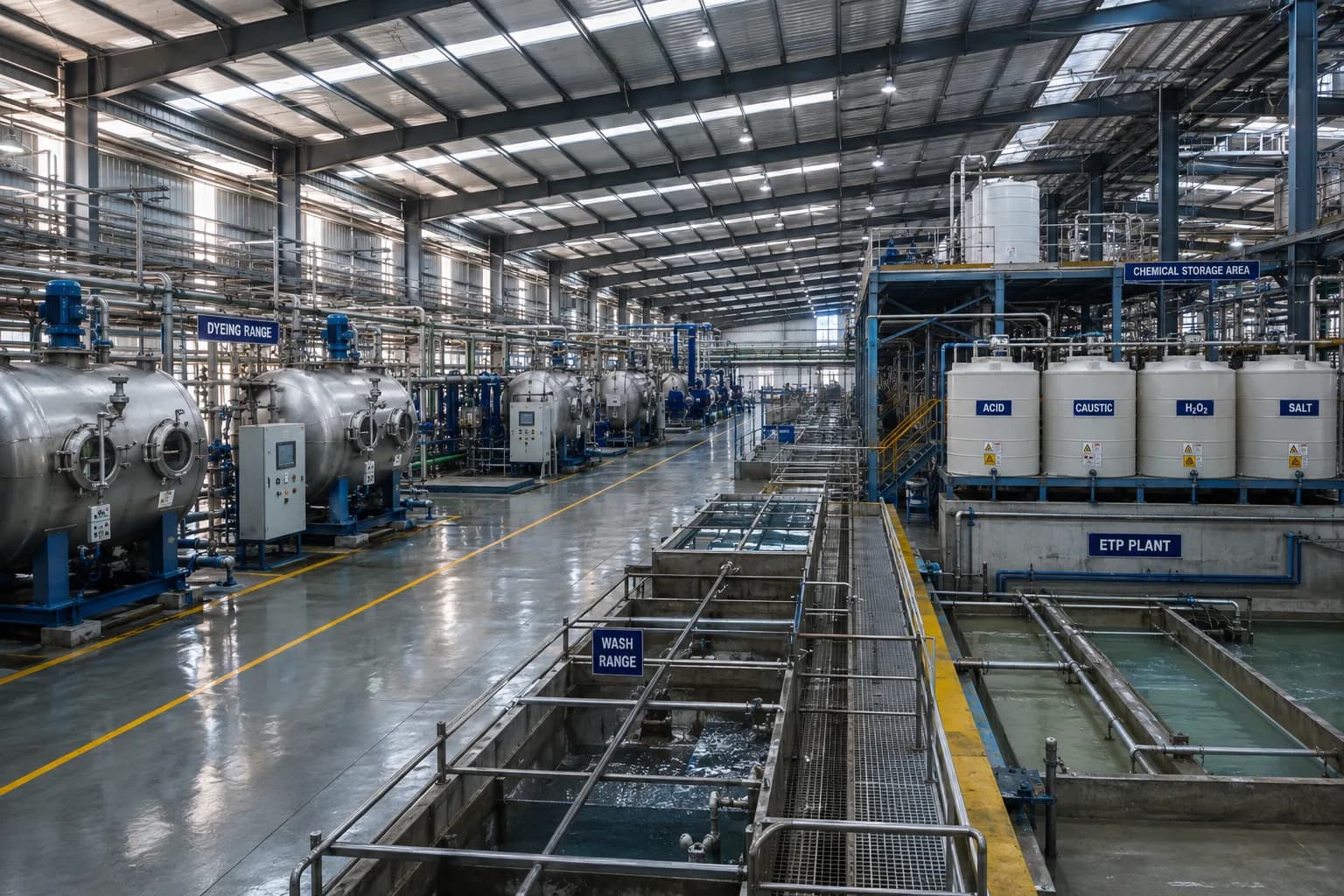 Dyeing and bleaching plant with industrial tanks