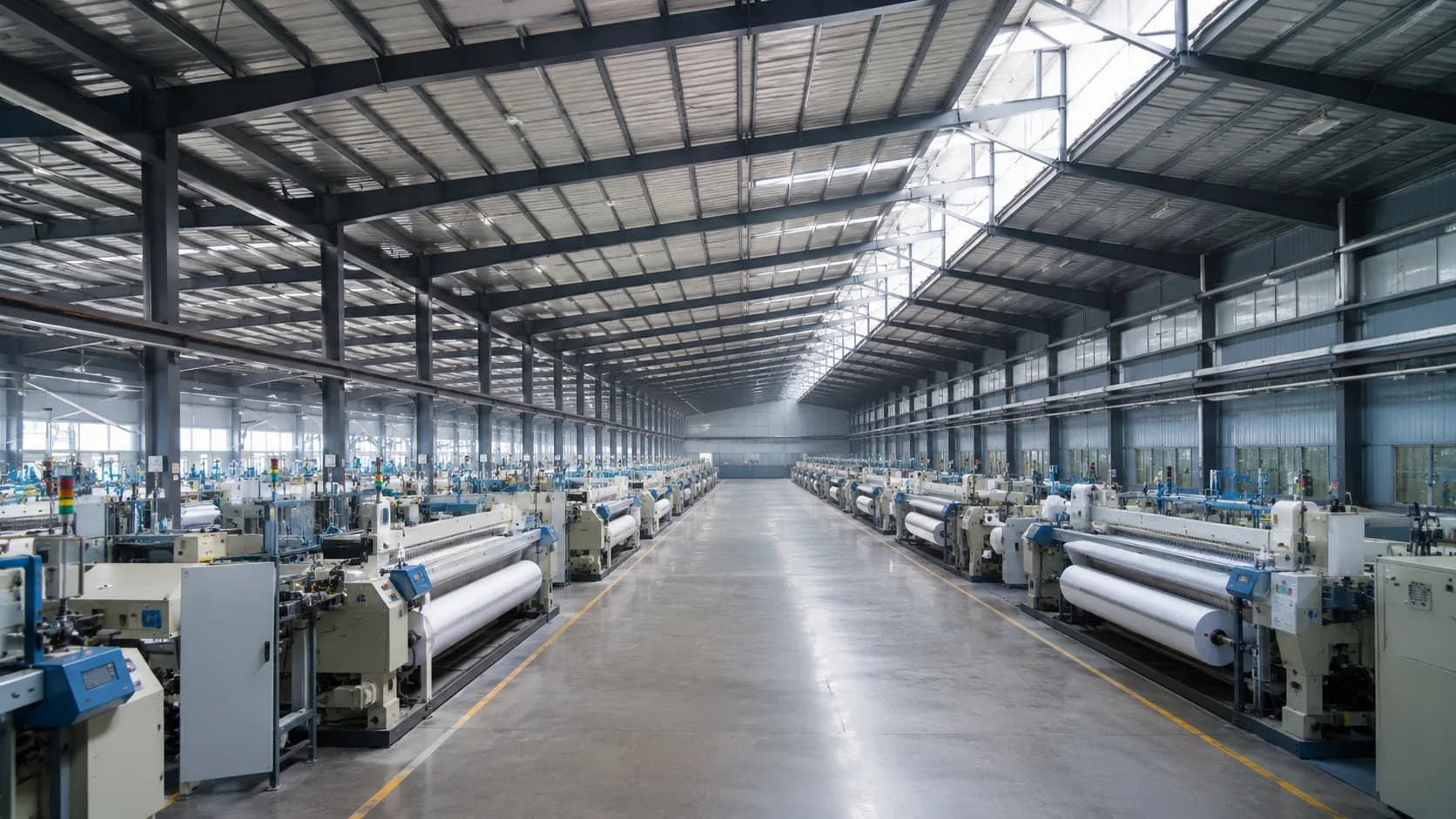 Wide weaving shed with looms and north-light roofing