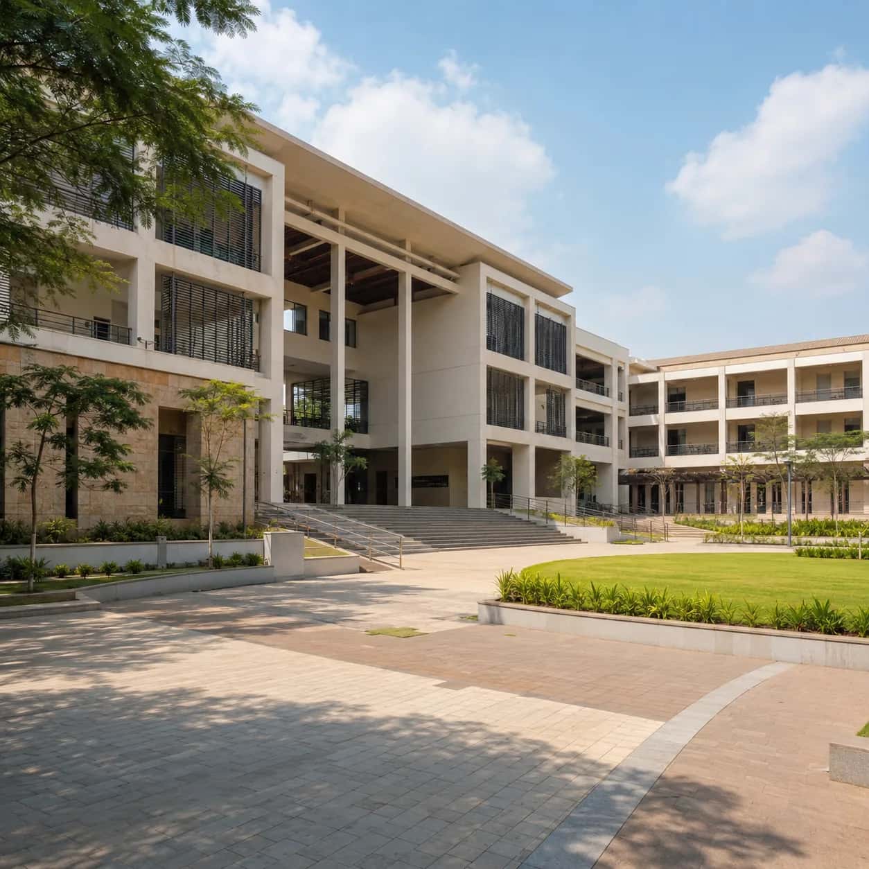 Modern school and college campus building with a landscaped courtyard