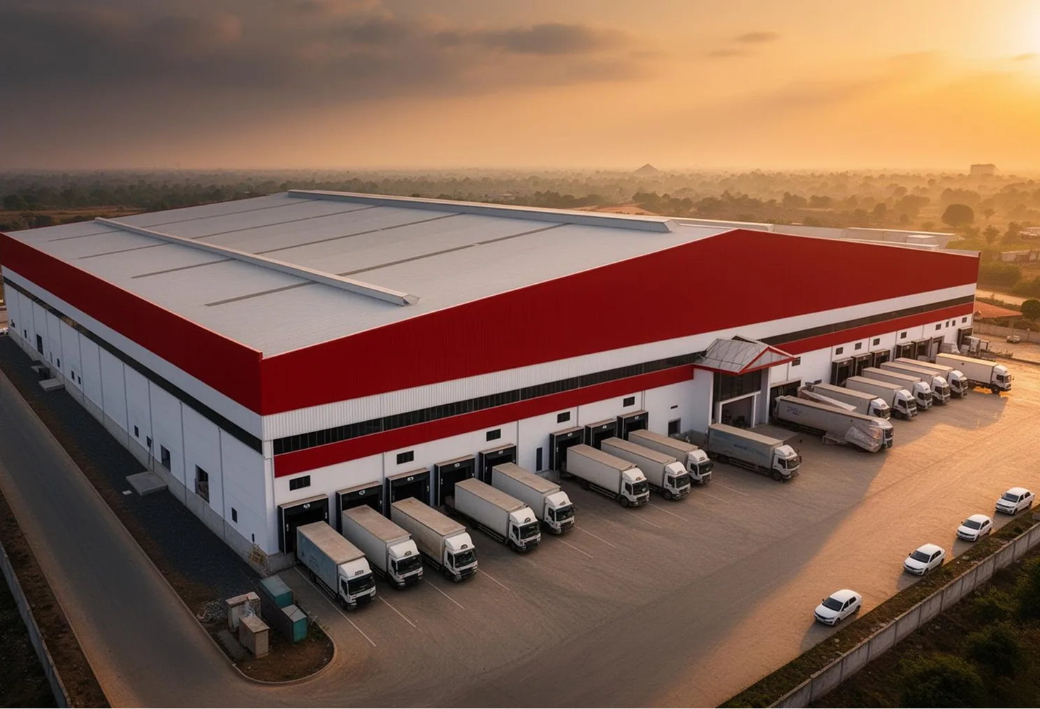 Aerial view of logistics warehouse facility at sunset