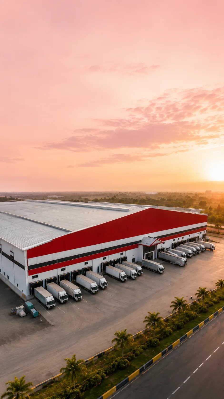 Aerial view of a modern warehouse facility at sunset