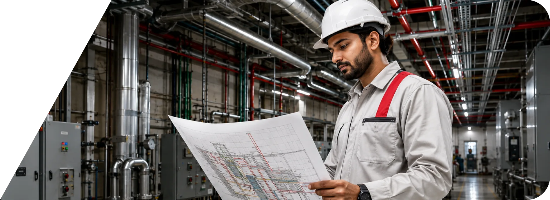 MEP engineer reviewing plant layout drawings