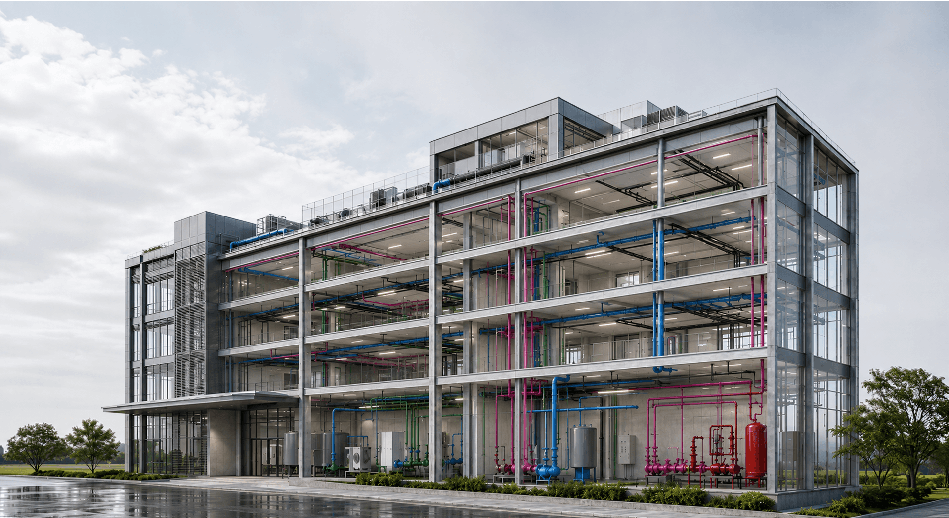 Industrial building with visible MEP piping and HVAC systems