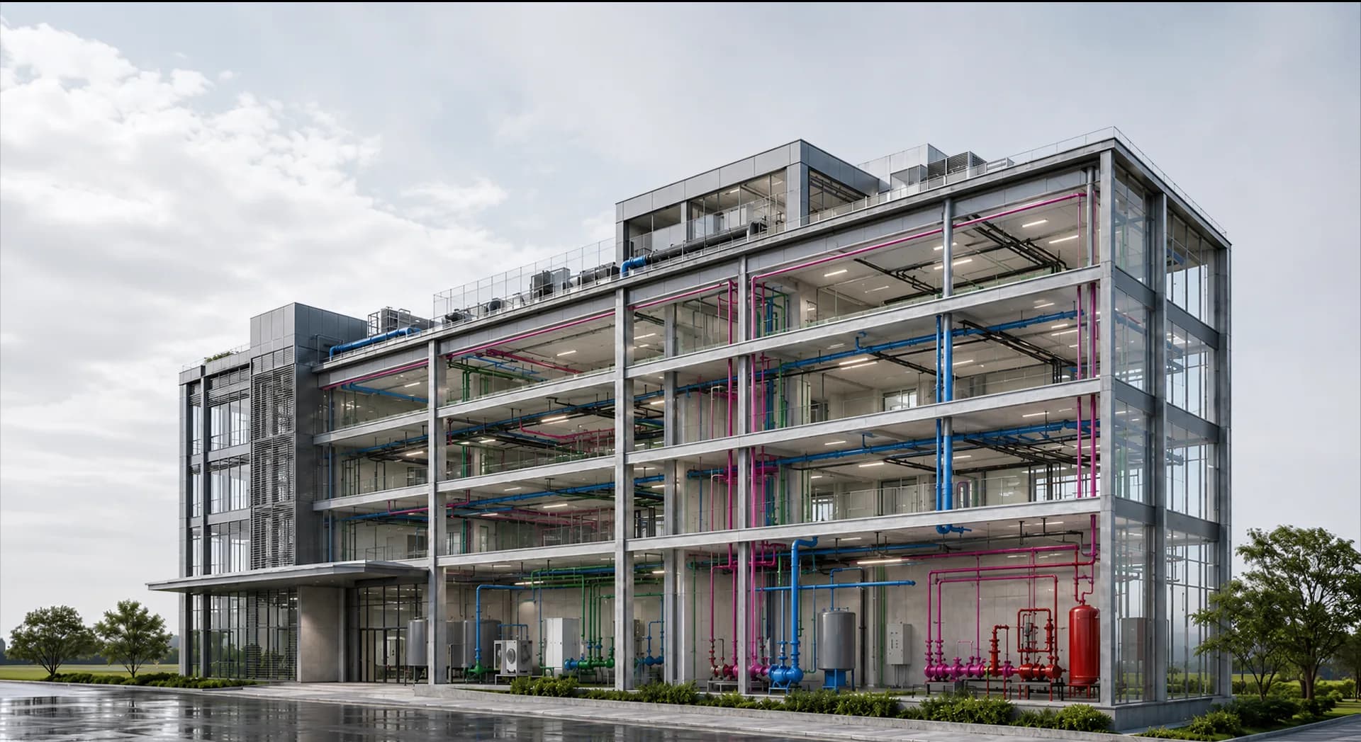 Industrial building with visible MEP piping and HVAC systems