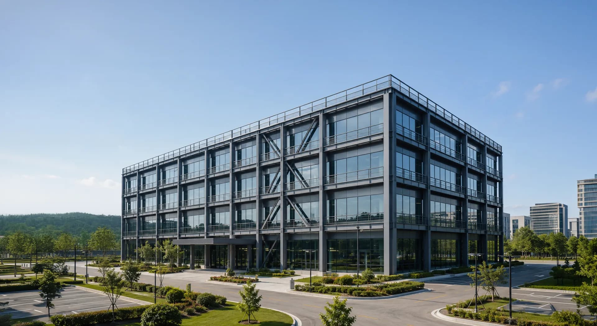 Multi-storey steel building with glass facade