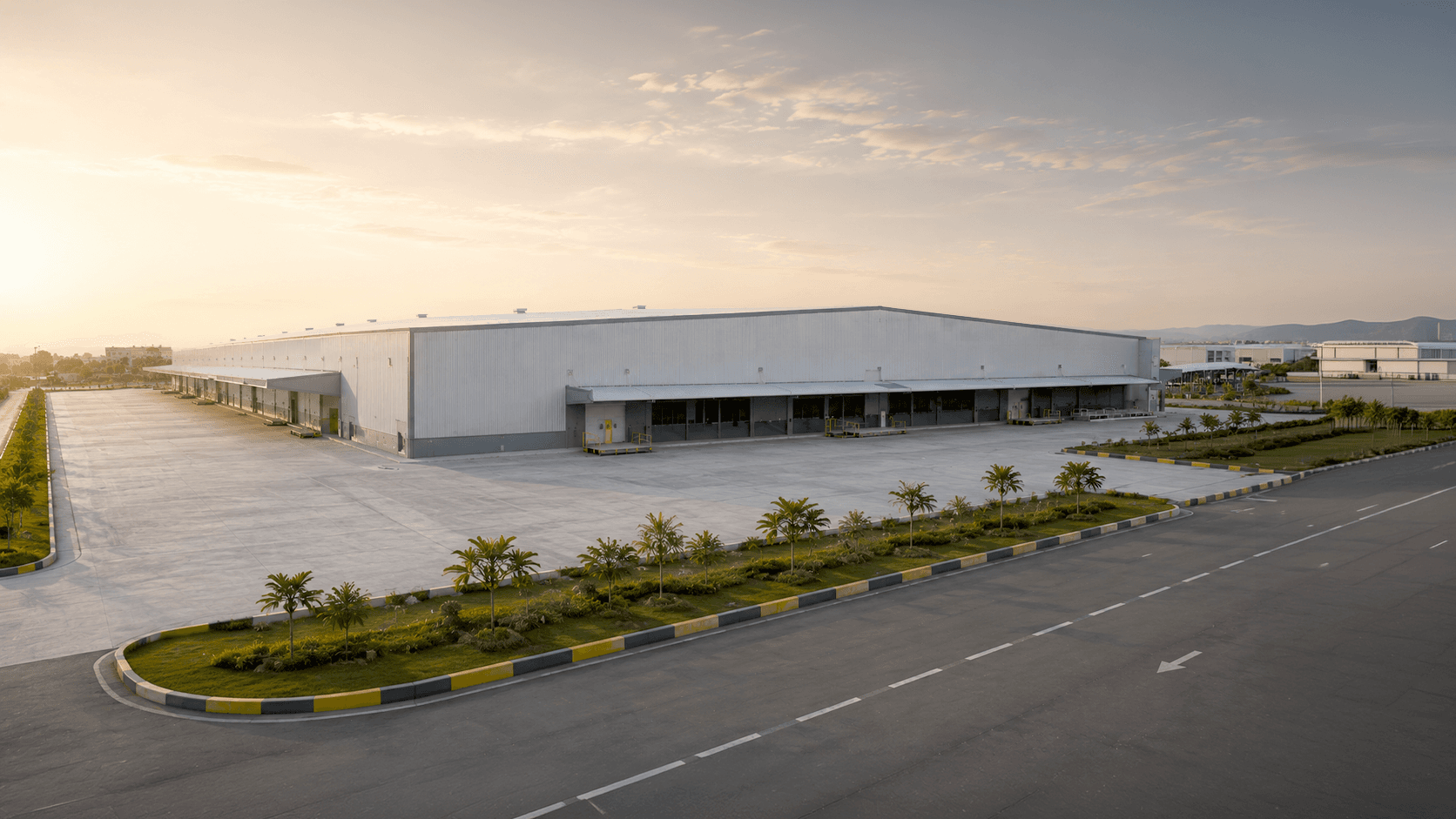 Pre-engineered steel warehouse at dusk