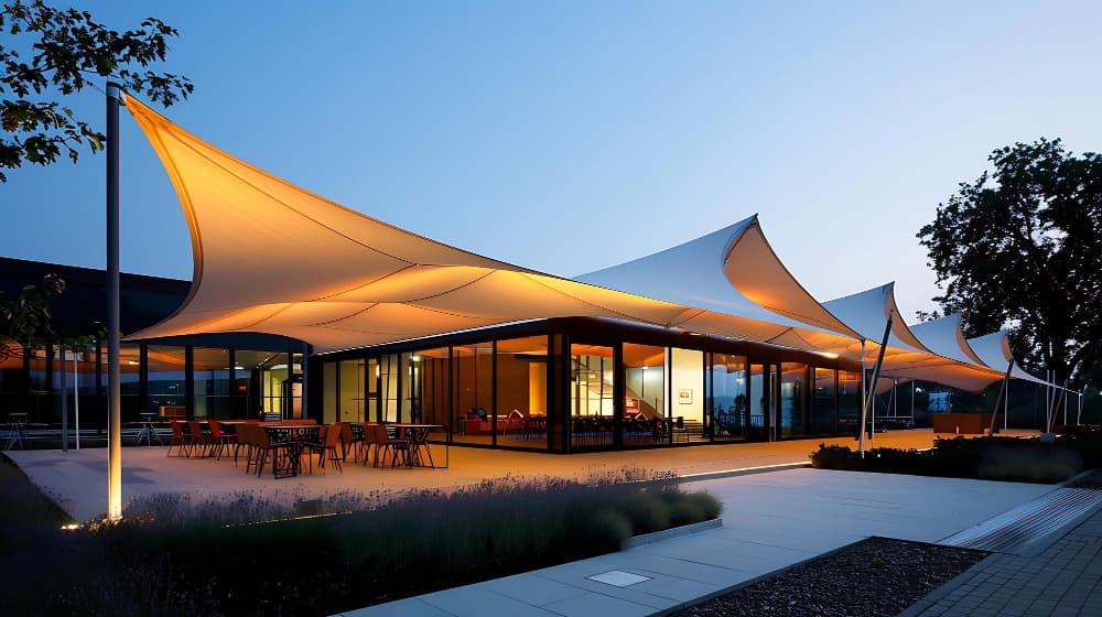 Illuminated tensile fabric canopy at dusk