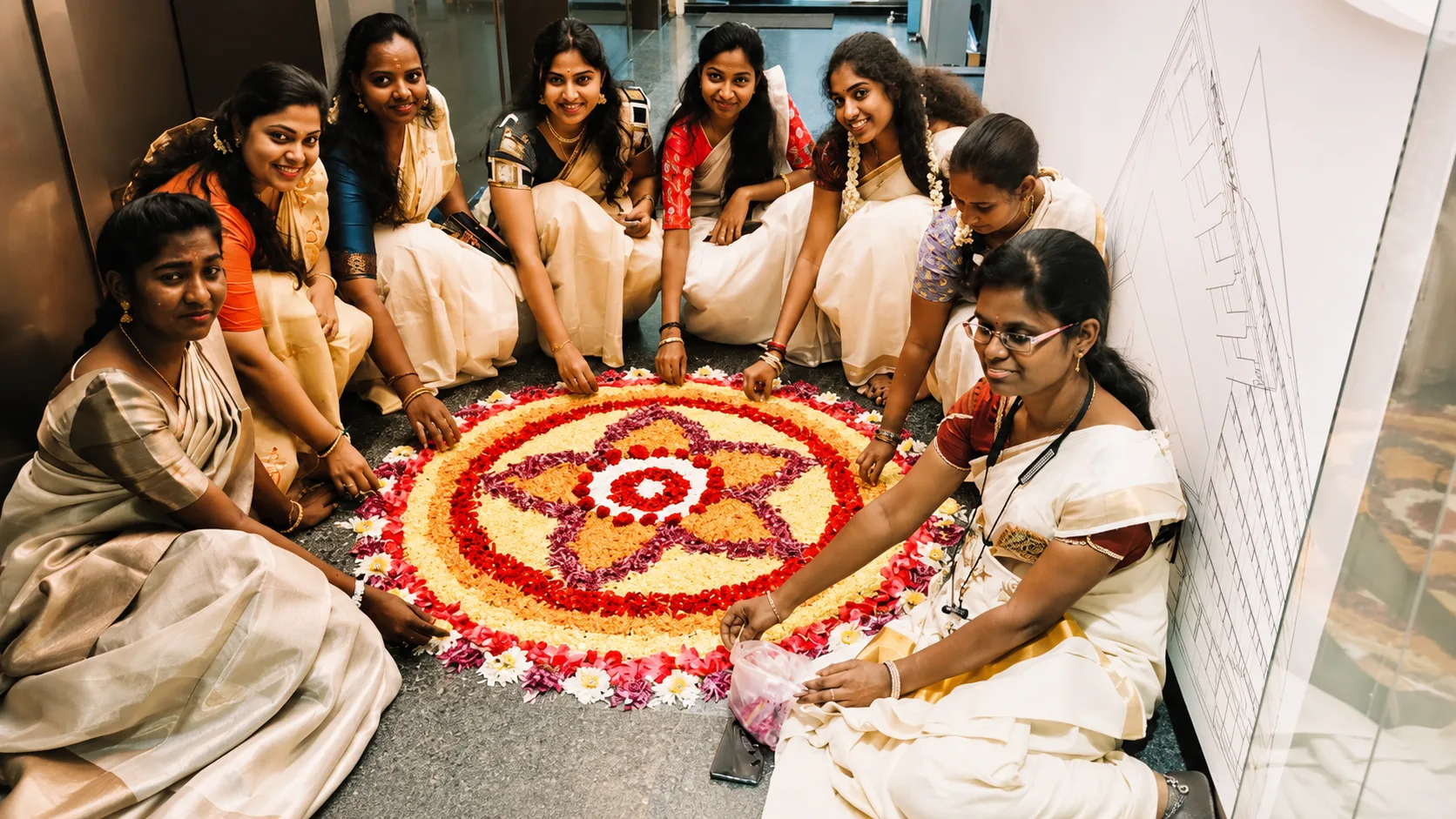 Team members creating a floral rangoli together