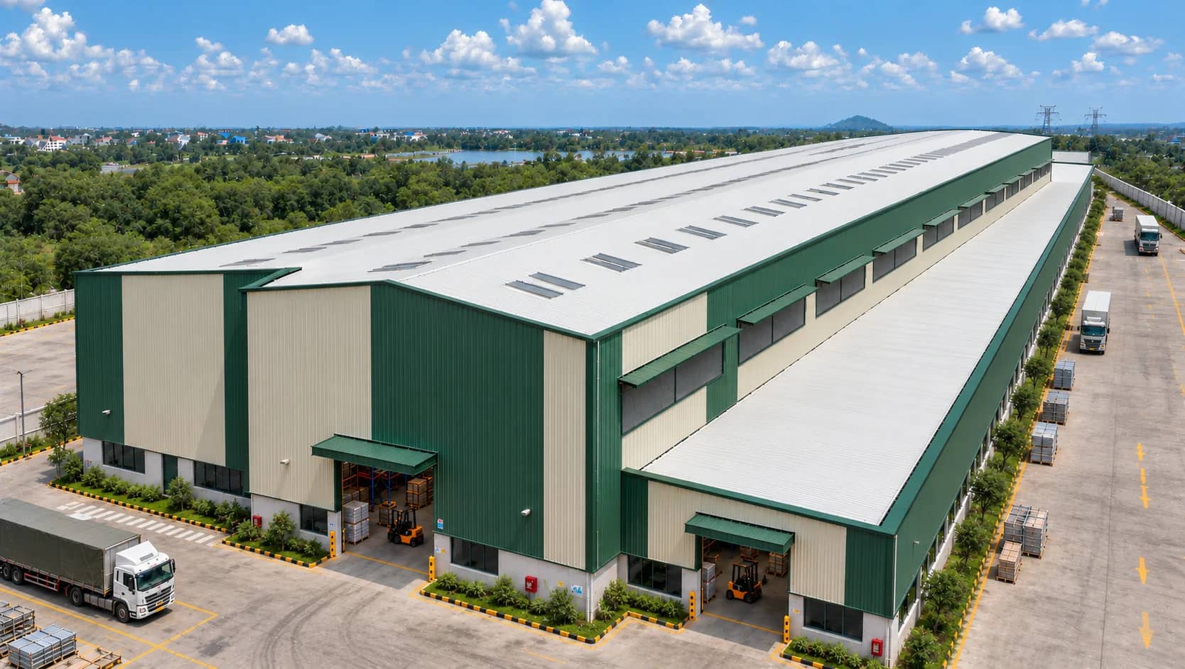 Large green and cream PEB warehouse with a long ribbed roof, loading bays and forklifts