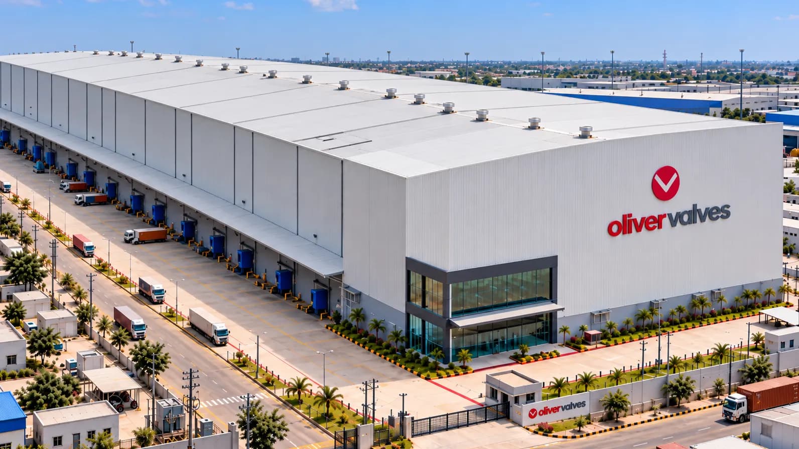 Oliver Valves warehouse with loading docks and trucks on an industrial estate