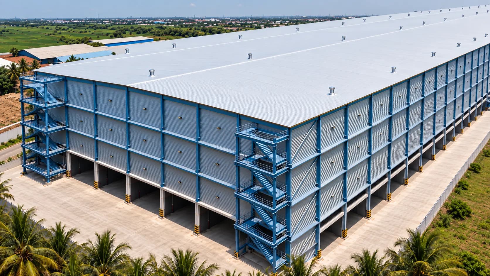 Multi-story industrial warehouse with a blue steel frame and external staircases