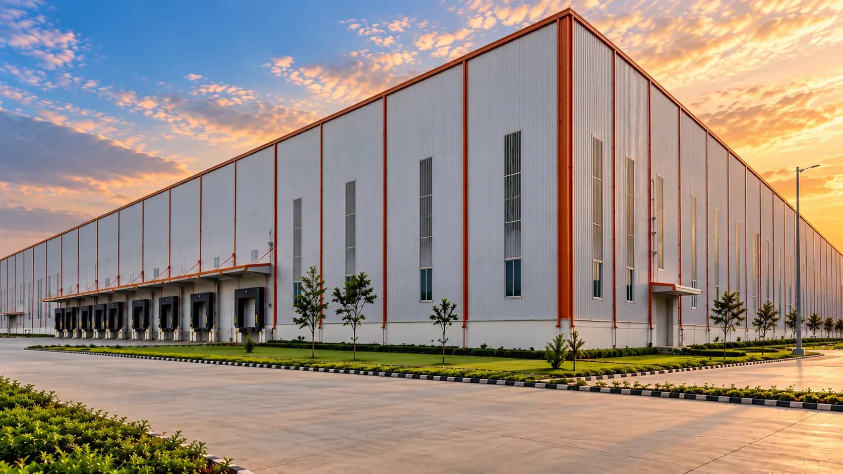 Industrial warehouse with loading docks at sunset