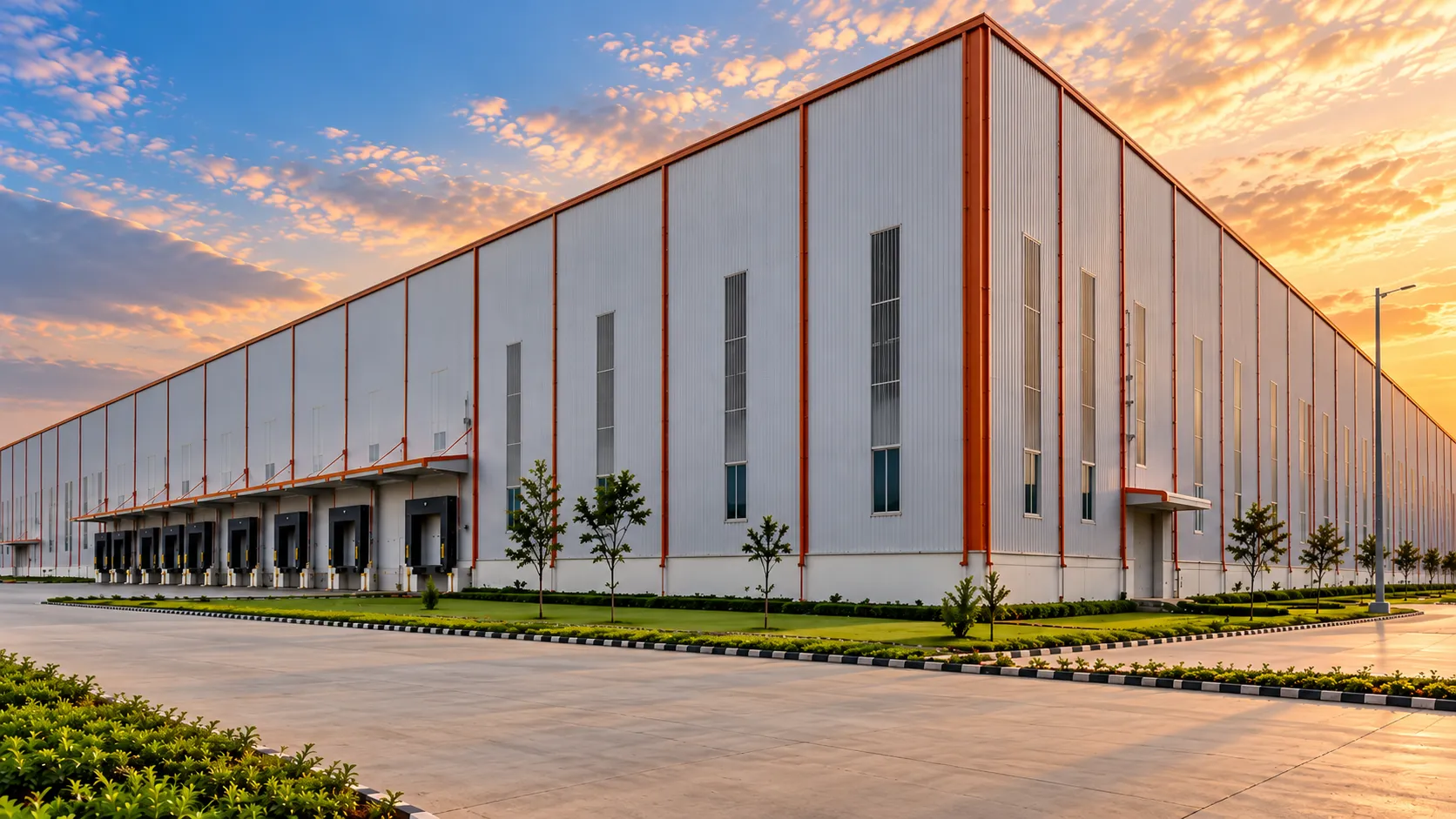 Industrial warehouse with loading docks at sunset