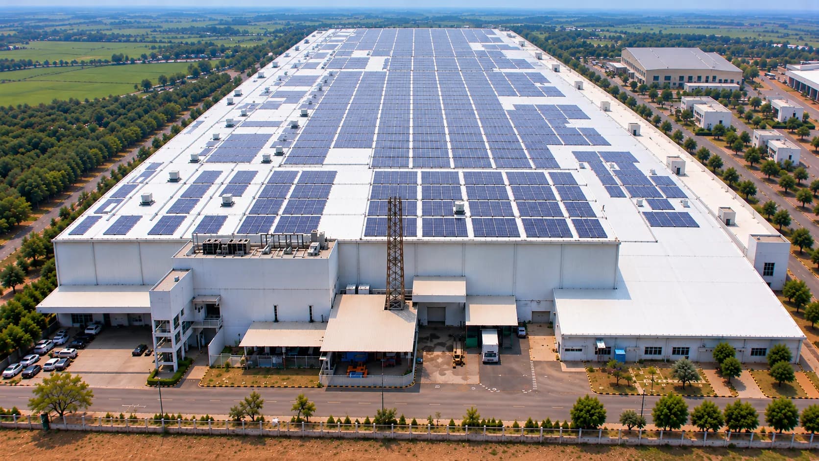Warehouse with rooftop solar panels in a logistics park
