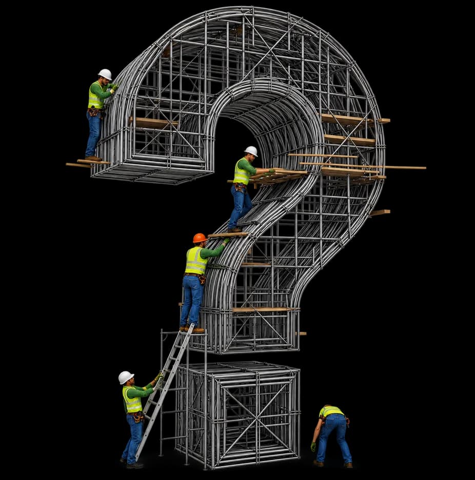 Workers building a question mark out of steel framework