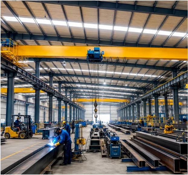 Welder working on steel members in a bright factory bay with overhead cranes