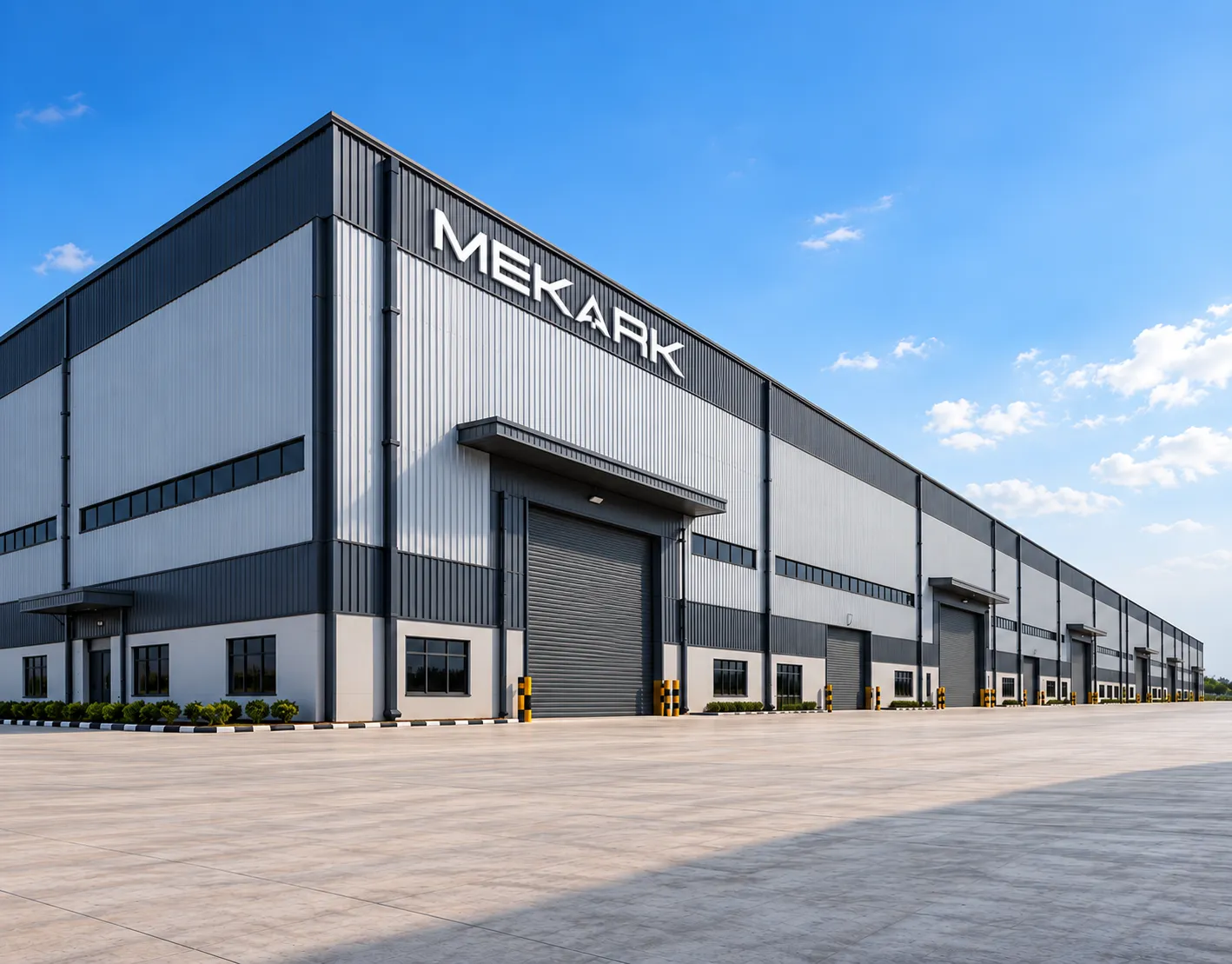 Mekark PEB warehouse building with large roller shutter doors under a clear blue sky